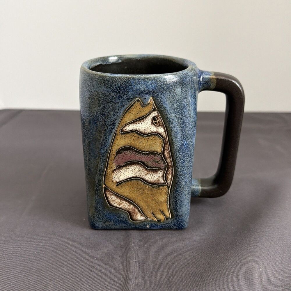 Mara Mexico Pottery Fish Mug Vintage Blue Stoneware Art Ceramic Coffee Tea Cup